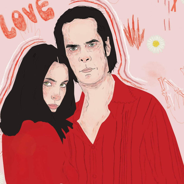 a zoomed in look at an illustration of nick and susie cave both wearing red. they are embracing. the background is a medium pink with lots of elements including their initials made out of bones, daisies and red hands.