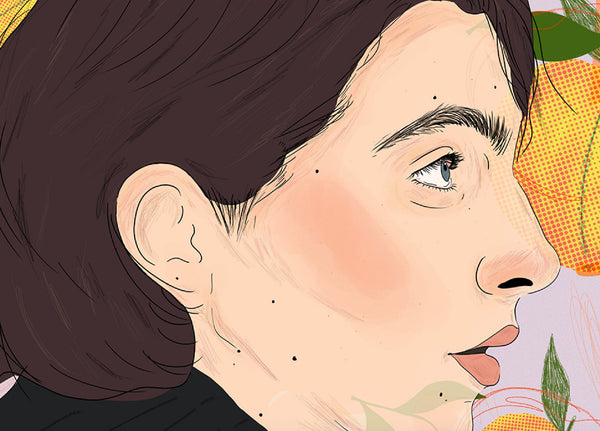 a zoomed in look at an illustration print of timothee chalamet in profile in his role as elio in call me by your name. the background is a light dusky blue and there is a repeated peach motif behind him.