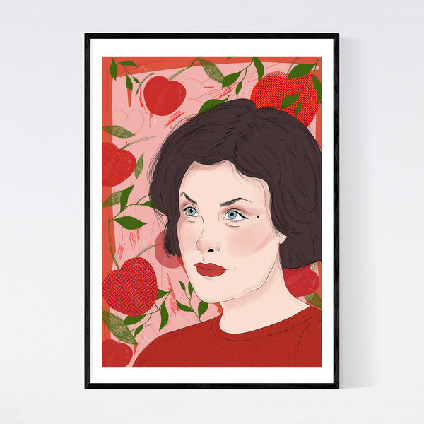 An illustration print of Sherilyn Fenn as Audrey Horne from Twin peaks with a background of cherries in a frame on a minimal white wall.