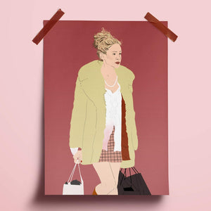 an illustration print of sarah jessica parker as carrie bradshaw in sex and the city. she is wearing an iconic carrie outfit in a fur coat and checked skirt. she is carrying several shopping bags. the background of the print is a dusky raspberry colour.