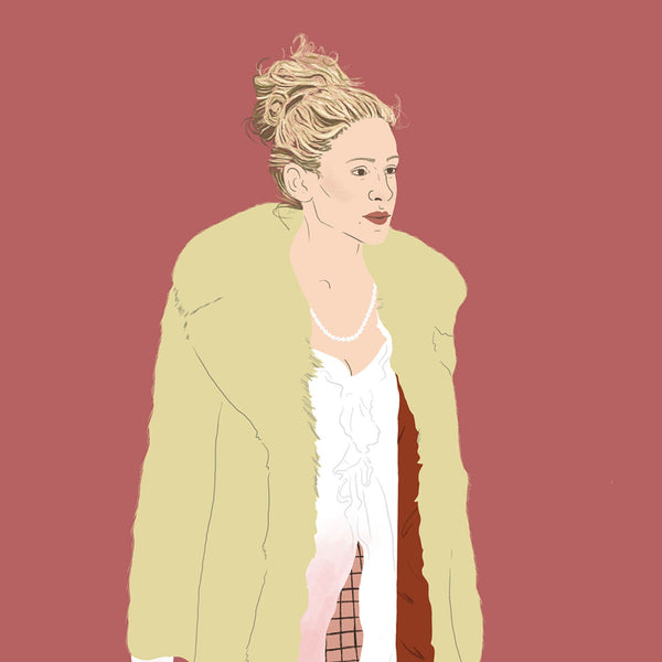 a zoomed in look at an illustration print of sarah jessica parker as carrie bradshaw in sex and the city. she is wearing an iconic carrie outfit in a fur coat and checked skirt. she is carrying several shopping bags. the background of the print is a dusky raspberry colour.