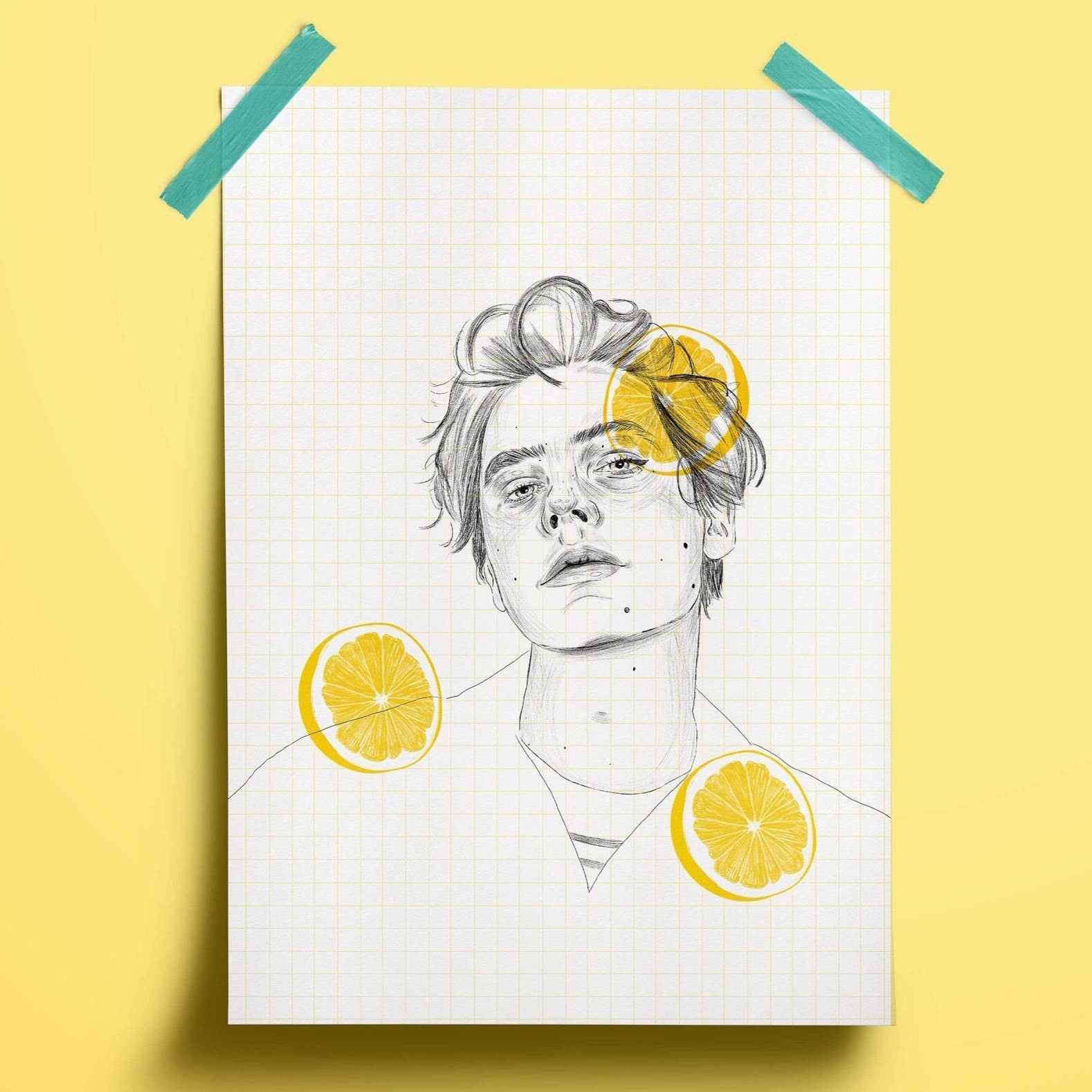 illustration print of Cole sprouse hand drawn in biro. behind him is a grid texture in a pale yellow. There is a motif of lemon slices around the portrait.
