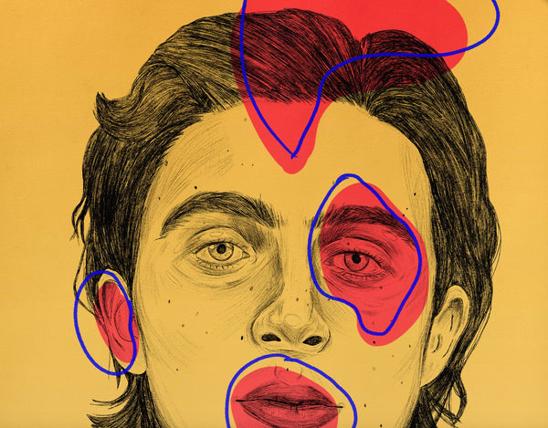 a zoomed in look at an illustration print of a pen drawing of timothee chalamet. the background is a bright mustard ish yellow. there are red and blue abstract shapes dotted around.