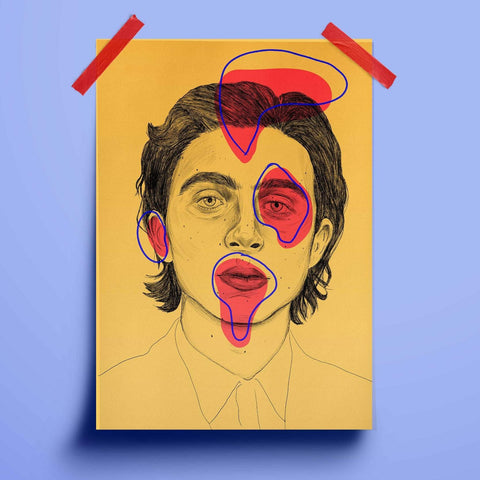 illustration print of a pen drawing of timothee chalamet. the background is a bright mustard ish yellow. there are red and blue abstract shapes dotted around.