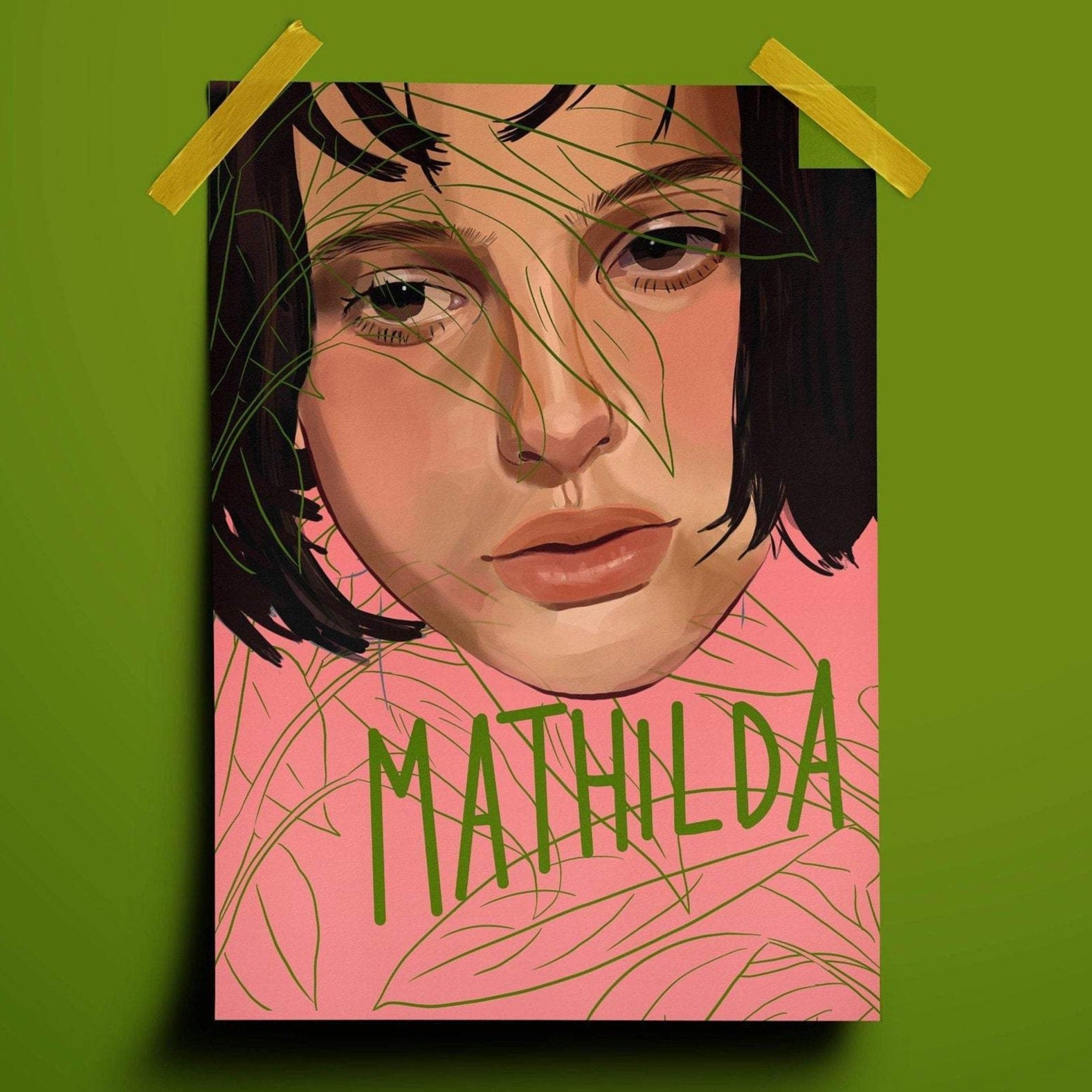 illustration print of natalie portman as mathilda in leon the professional. the background behind her is pink and she is overlaid with a line drawing of some plants. her name is written in green capital hand lettered text beneath her face.
