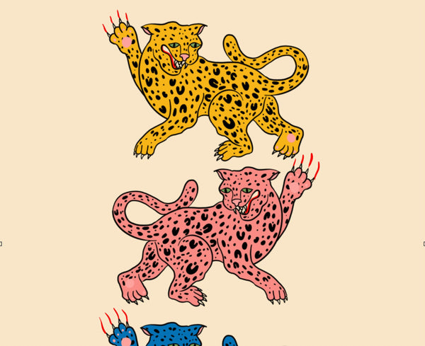 a zoomed in look at an illustration print of three leopards facing in alternating directions. their fur is yellow, blue and pink respectively. the background is a cream colour