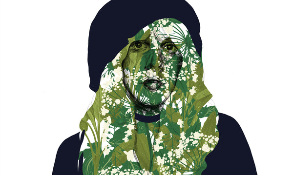 a zoomed in look at an illustration print of stevie nicks in her traditional beret and black dress ensemble. she is rendered in pen with her skin and hair being made up of drawings of flowers and herbs associated with witchcraft.