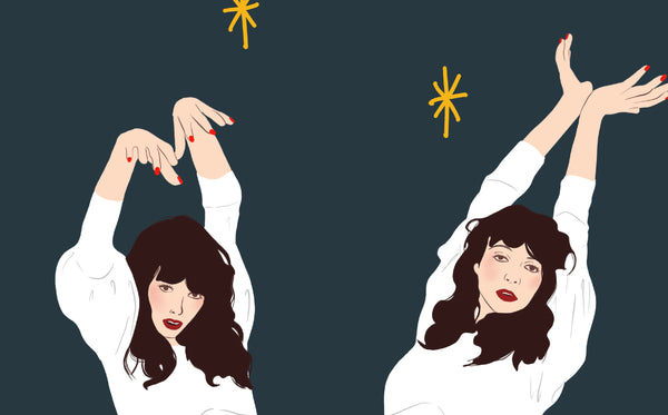 a zoomed in look at an illustration print featuring two illustration fo kate bush performing interpretative dance moves. The background is a deep navy colour with three yellow stars in the background.