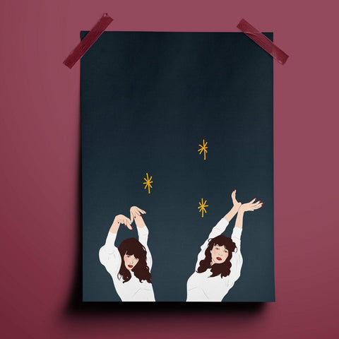 illustration print featuring two illustration fo kate bush performing interpretative dance moves. The background is a deep navy colour with three yellow stars in the background.