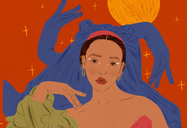 a zoomed in look at an illustration of FKA Twigs in a regal pose surrounded by crosses in yellow and a large sun behind her. she is adorned with a head dress with two surreal looking hands protruding from it. the colour scheme is predominantly blue and orange.