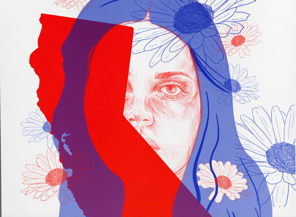 a zoomed in look at an illustration print of a pencil sketch portrait of lana del rey with the state of california half obscuring her face. the background is different sizes of daisies. the background colour is white with the artwork being a mix of blue and red elements.