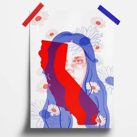 an illustration print of a pencil sketch portrait of lana del rey with the state of california half obscuring her face. the background is different sizes of daisies. the background colour is white with the artwork being a mix of blue and red elements.