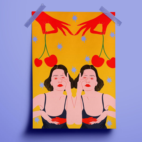 an illustration print of two identical women with retro styling. above them are stylised red hands holding cherries, the background is a bright yellow and features pake blue stars.
