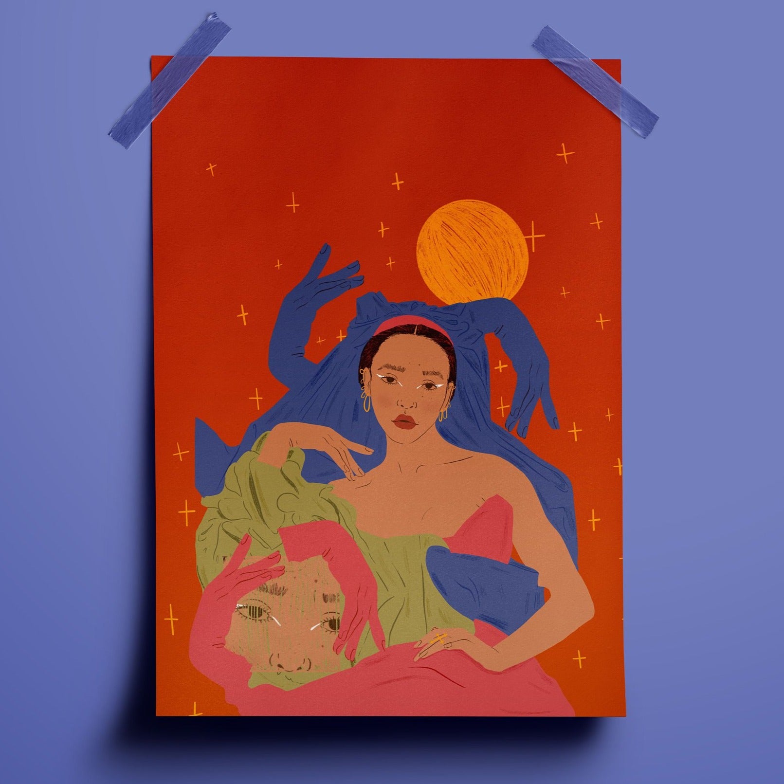 an illustration of FKA Twigs in a regal pose surrounded by crosses in yellow and a large sun behind her. she is adorned with a head dress with two surreal looking hands protruding from it. the colour scheme is predominantly blue and orange.