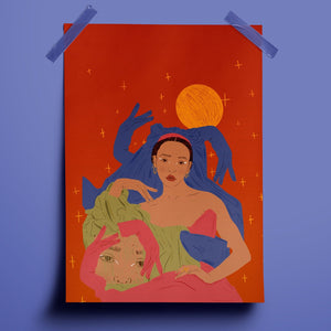 an illustration of FKA Twigs in a regal pose surrounded by crosses in yellow and a large sun behind her. she is adorned with a head dress with two surreal looking hands protruding from it. the colour scheme is predominantly blue and orange.