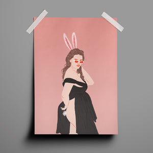 an illustration print of a young voluptuous woman wearing bunny ears and a black dress. she is moving the dress aside to show a bunny tail. the background is a pale pink.