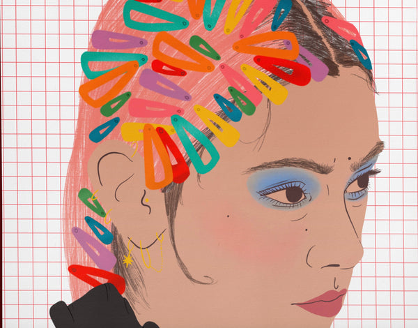 a zoomed in look at an illustration print of a young south east asian woman with an abundance of hair clips in her hair of multiple colours. the background is a window pane check in a fuschia colour on a white background.