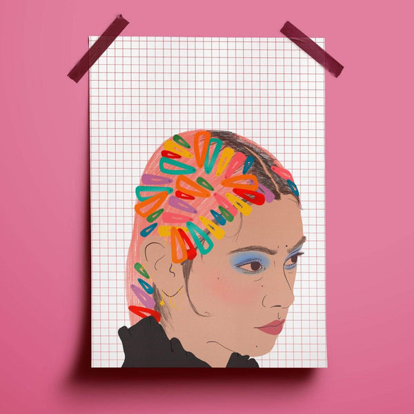 illustration print of a young south east asian woman with an abundance of hair clips in her hair of multiple colours. the background is a window pane check in a fuschia colour on a white background.