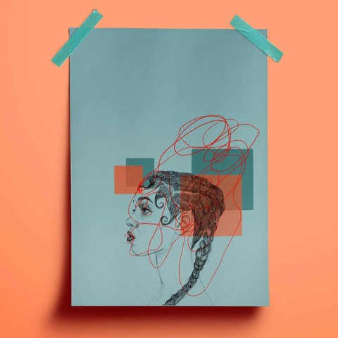 Illustration of FKA Twigs in profile rendered in biro pen. Behind her are abstract rectangle shapes in orange and a darker blue. there is also a loose pencil scrawl in red over her face.