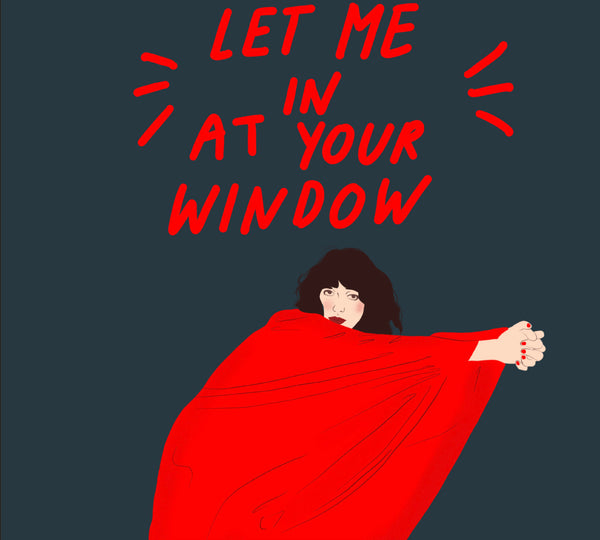 a zoomed in look at an illustration print featuring a portrait of kate bush in an interpretative dance pose with handwritten text let me in at your window written in red to match the colour of her dress and shoes. the background of the print is a deep navy blue.