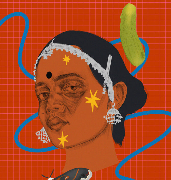 a zoomed in look at an illustration print featuring a hand drawn biro portrait of a young arundhati roy with pappachi's moth and a pickle. the background is an orangey red with a bright pink check pattern.