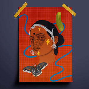 an illustration print featuring a hand drawn biro portrait of a young arundhati roy with pappachi's moth and a pickle. the background is an orangey red with a bright pink check pattern.