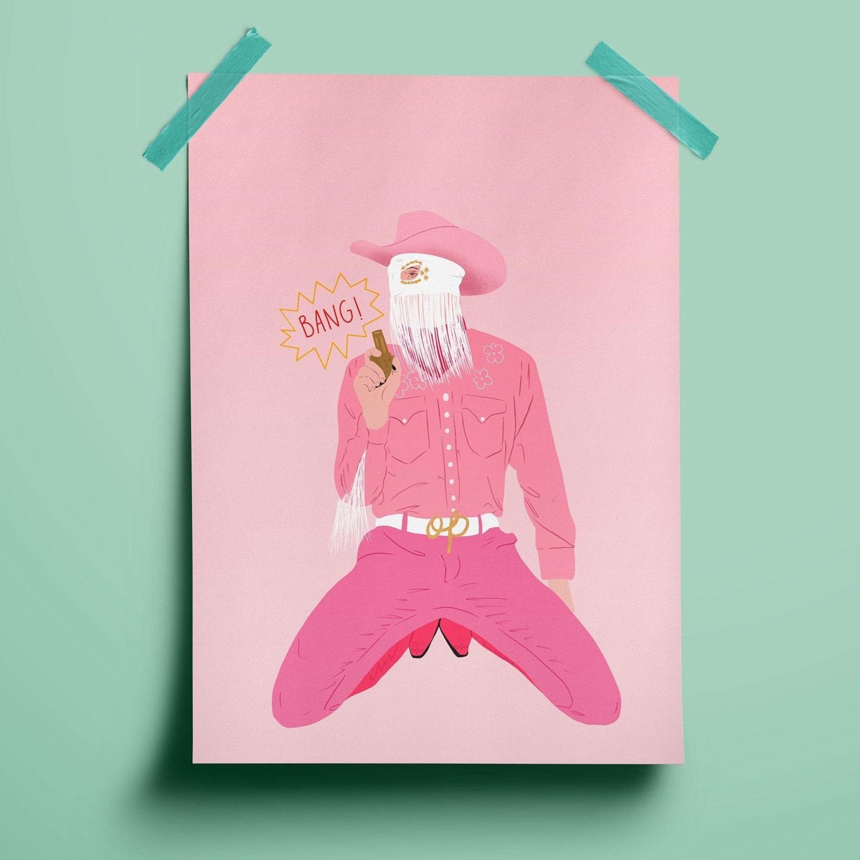 illustration print of a kneeling orville peck in a pick cowboy outfit holding a golden gun. the background is a lighter coloured pink.