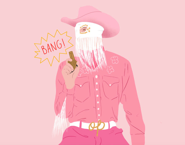a zoomed in look at an illustration print of a kneeling orville peck in a pick cowboy outfit holding a golden gun. the background is a lighter coloured pink.
