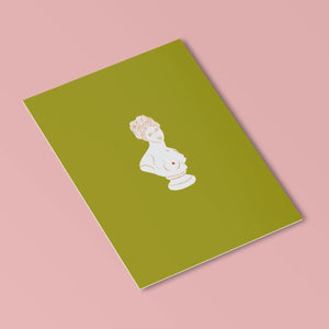 a postcard with a chartreuse background featuring a small marble bust in white with orange linework on top of it.