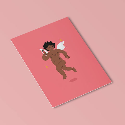 image of a postcard featuring an illustration of a black cherub holding a coke bottle. the background is a bright pink,.