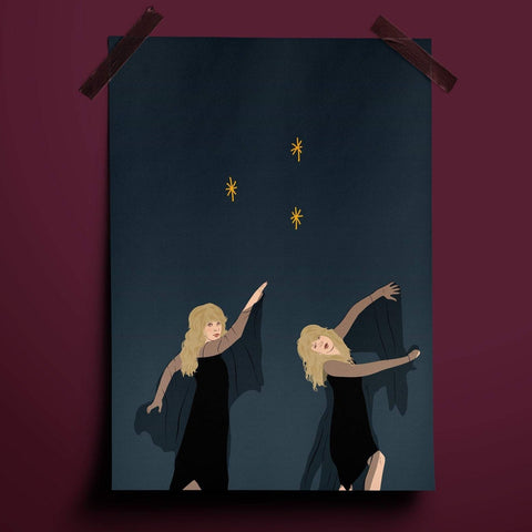 illustration print of two stevie nick's in different dancing poses. the background is a deep navy with yellow star accents.