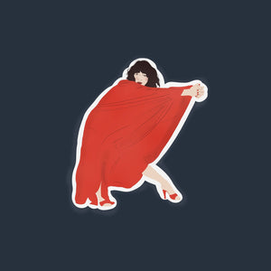 image of a die cut sticker of kate bush in a red dress performing interpretative dance moves