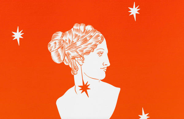 a zoomed in look at an illustration print of a marble bust in white with a red background and red linework. there are 6 stars spaced evenly around the bust