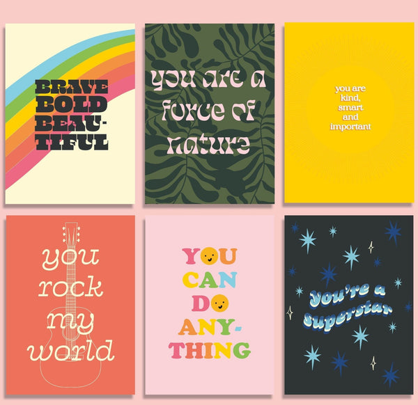 set of 6 words of encouragement postcards featuring the phrases, brave bold beautiful, you are a force of nature, you are kind, smart and important, you rock my world, you can do anything and you're a superstar.