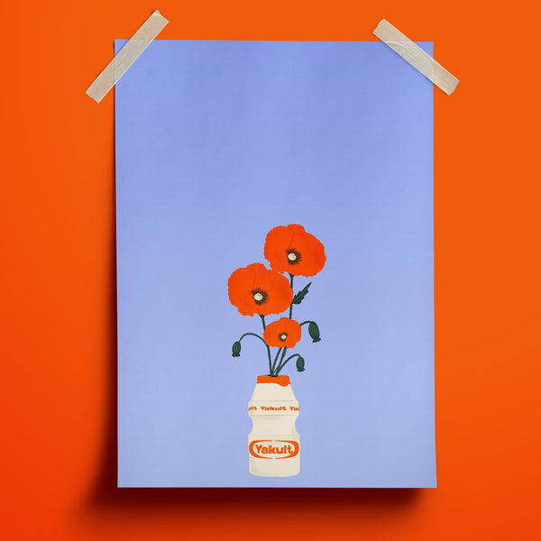 image of an illustration print of three poppies in a yakult bottle vase. the background of the print is a cornflower blue
