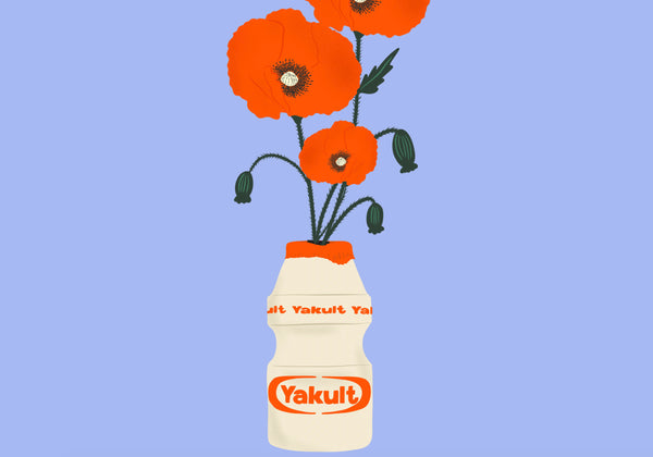 a zoomed in look at an image of an illustration print of three poppies in a yakult bottle vase. the background of the print is a cornflower blue
