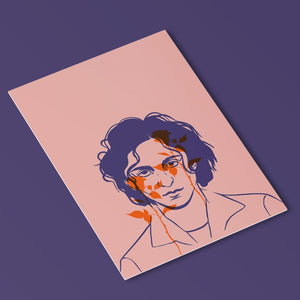 postcard featuring an illustration of timothee chalamet in a medium blue. overlaid onto his face are red long stem roses. the background is a pale pink