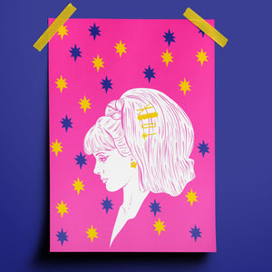 illustration print of a young woman in profile with a large beehive and several clips in her hair. The background is a vibrant pink and is dotted with stars in blue and yellow.