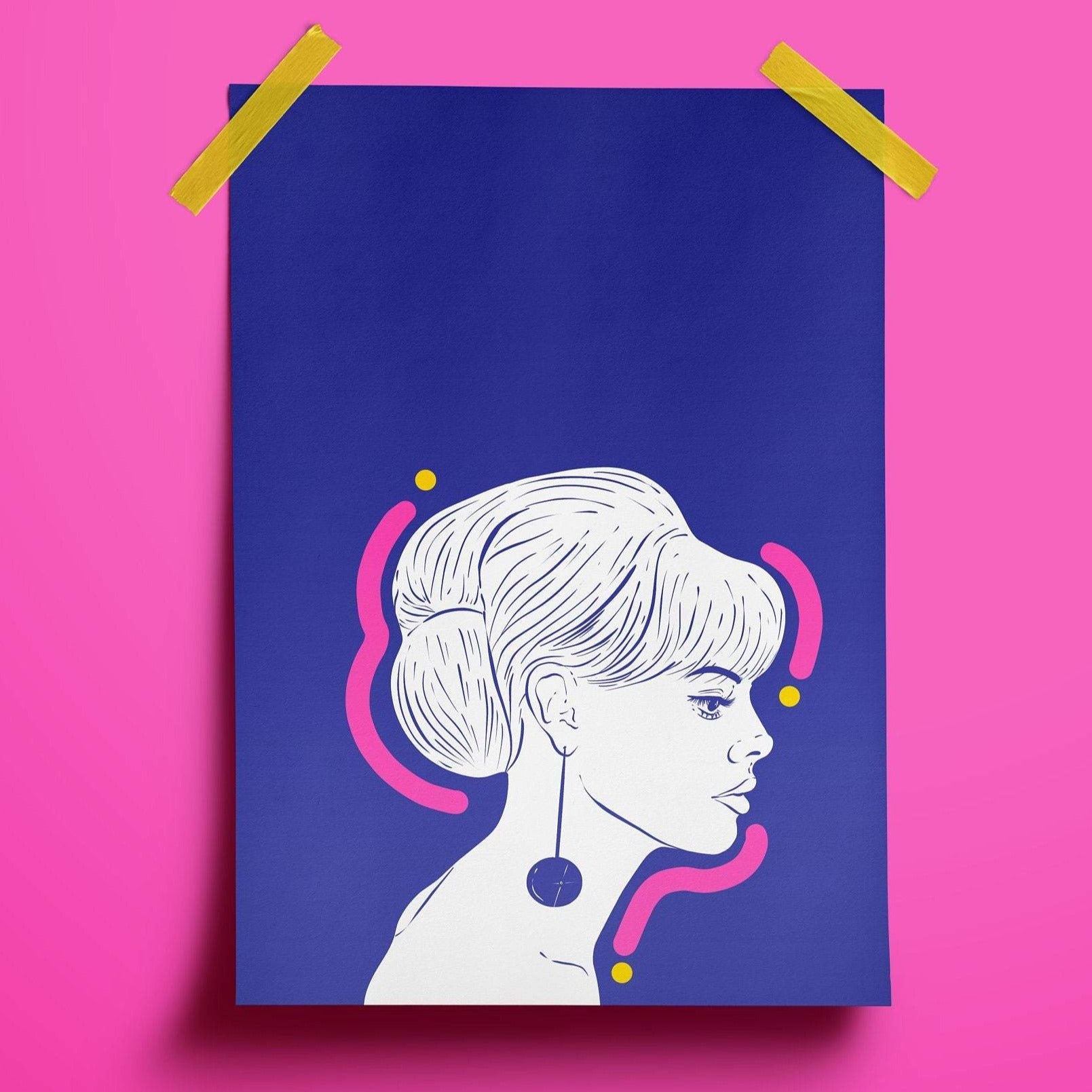 Britt Eckland Illustration art print with a mid blue background and bright pink and yellow flourishes