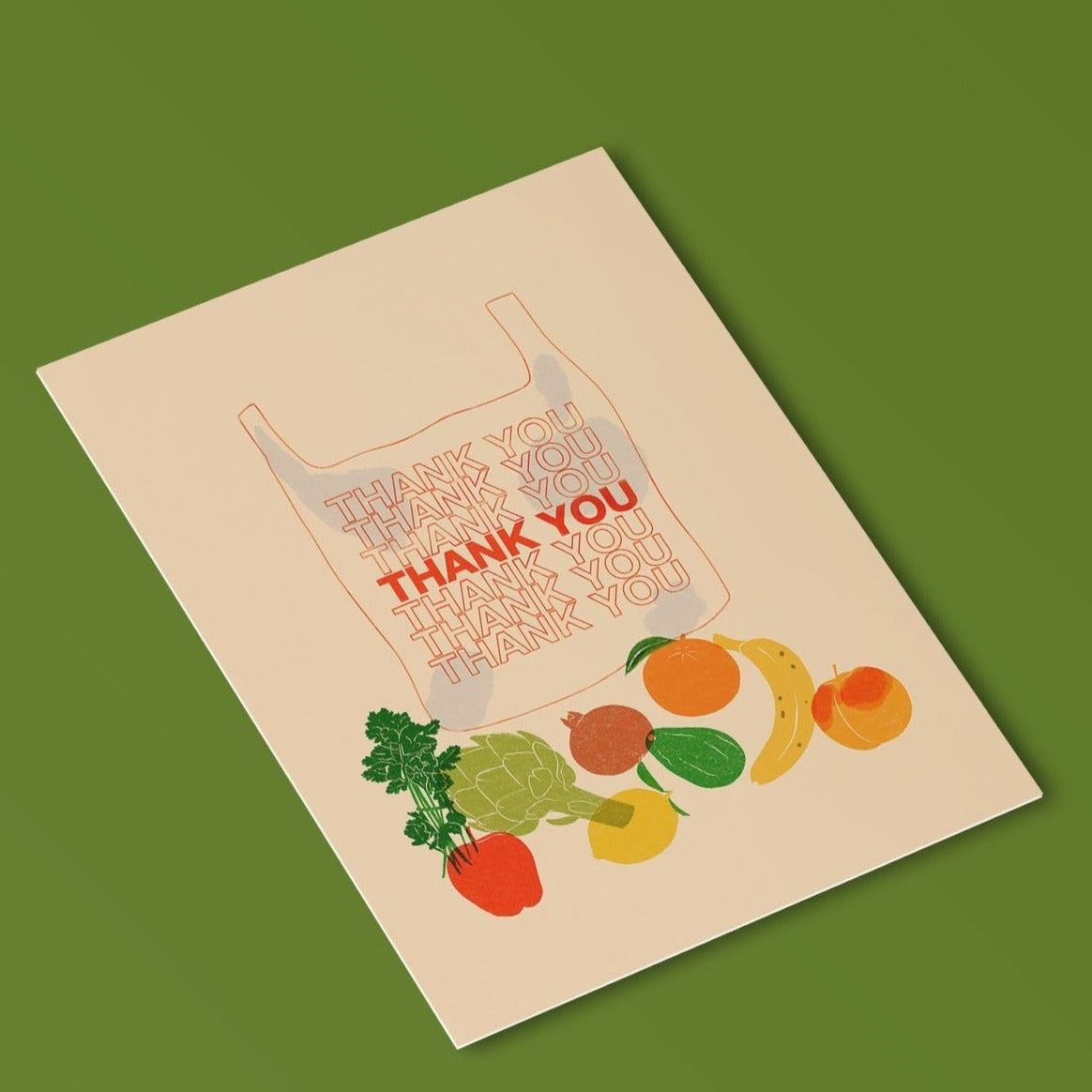 image of a postcard featuring a collection of fruit and veg illustrations on a cream background with a convenience store plastic bad with thank you repeated on it
