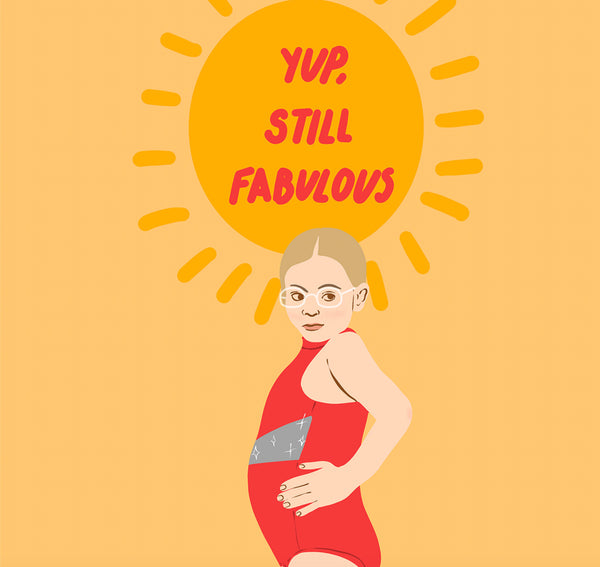 a zoomed in look at a postcard featuring an illustration of olive from little miss sunshine in her pageant swim suit behind her is a sun with the phrase 'yup, still fabulous' written in it. the background is a pale yellow.