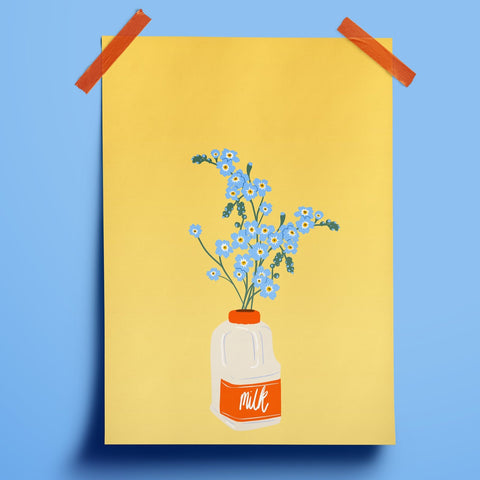 an illustration print of forget me nots in a red milk carton vase. the background is a mid, buttery yellow.