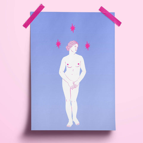 An illustration print of a statue of aphrodite full length with bright pink outlines and three pink stars around her head. the background is a medium cornflower blue.