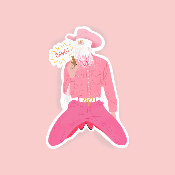 image of an orville peck die cut sticker featuring orville illustrated in a pink outfit and holding a gun.