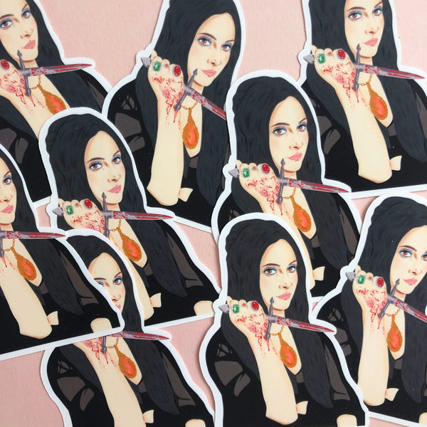 image of several die cut stickers featuring an illustration of elaine from the love witch holding a bloody knife