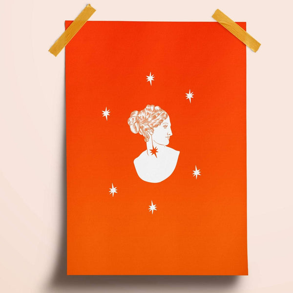 illustration print of a marble bust in white with a red background and red linework. there are 6 stars spaced evenly around the bust