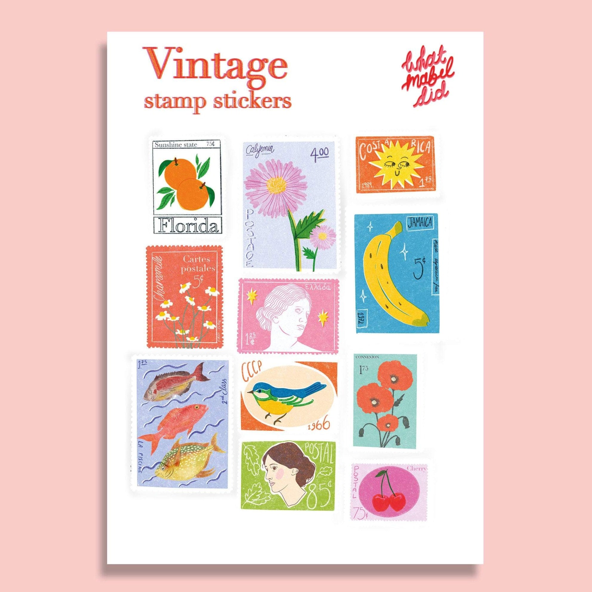 a sticker sheet featuring a selection of vintage inspired postal stamps.
