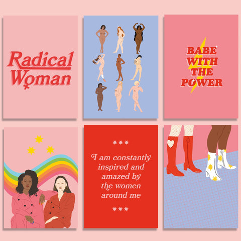a set of six illustration postcards, half of which feature quotes with the other half featuring empowering illustrations