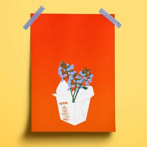 an illustration print of blue cuckoo flowers arranged in a traditional red and white takeaway box as a vase. the background of the print is a vibrant orangey red.