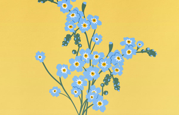 a zoomed in look at an illustration print of forget me nots in a red milk carton vase. the background is a mid, buttery yellow.